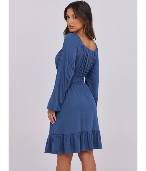 ANRABESS Womens Dress Long Lantern Sleeve Square Neck Elastic Waist Ruffle Flowy Swing A-Line Short Dresses 2025 Fall Fashion