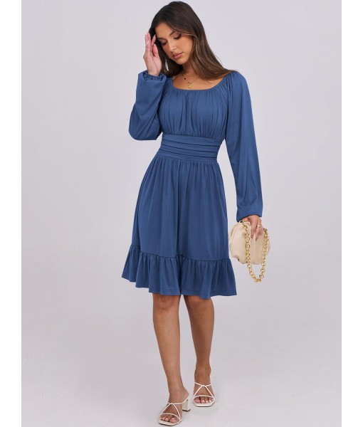 ANRABESS Womens Dress Long Lantern Sleeve Square Neck Elastic Waist Ruffle Flowy Swing A-Line Short Dresses 2025 Fall Fashion