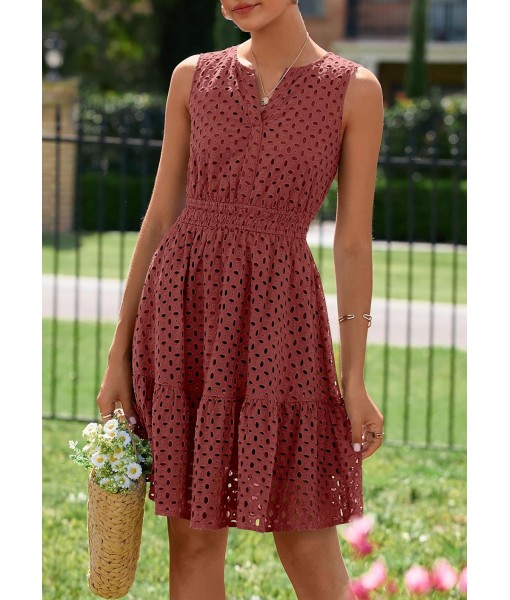 PRETTYGARDEN Women's Summer Dresses 2025 Sleeveless V Neck Eyelet Hollow Out Swing A Line Beach Vacation Sun Dress