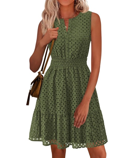 PRETTYGARDEN Women's Summer Dresses 2025 Sleeveless V Neck Eyelet Hollow Out Swing A Line Beach Vacation Sun Dress