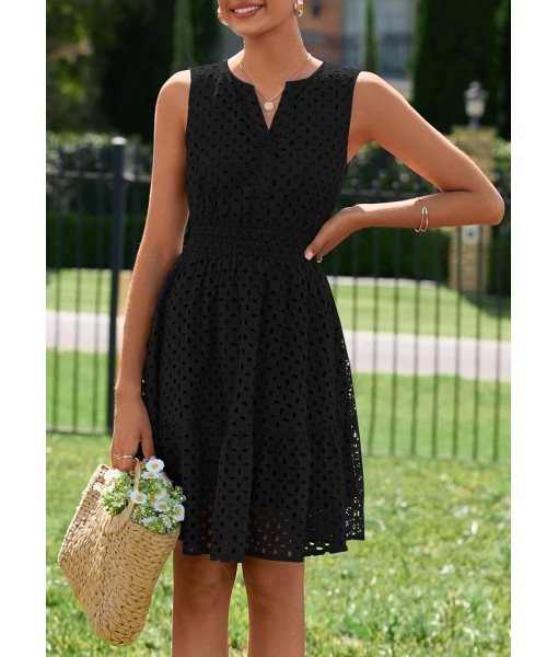PRETTYGARDEN Women's Summer Dresses 2025 Sleeveless V Neck Eyelet Hollow Out Swing A Line Beach Vacation Sun Dress