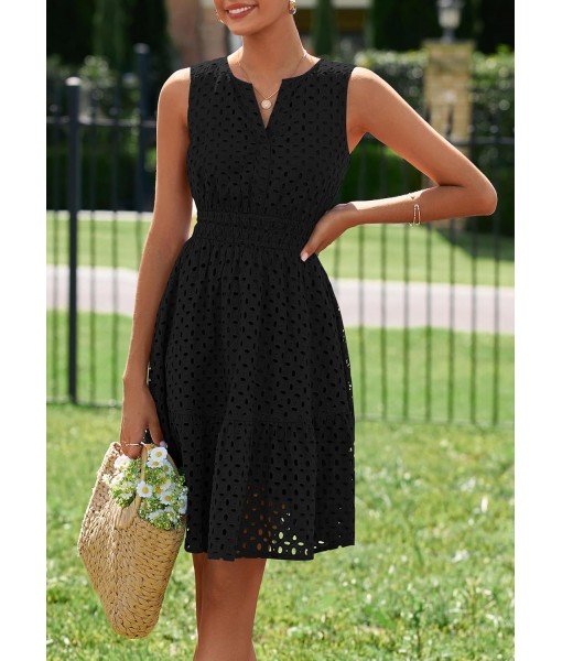 PRETTYGARDEN Women's Summer Dresses 2025 Sleeveless V Neck Eyelet Hollow Out Swing A Line Beach Vacation Sun Dress