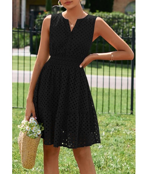 PRETTYGARDEN Women's Summer Dresses 2025 Sleeveless V Neck Eyelet Hollow Out Swing A Line Beach Vacation Sun Dress