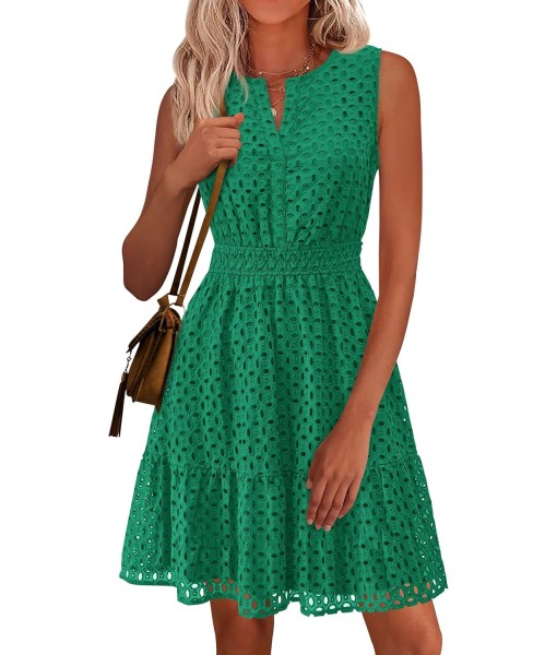 PRETTYGARDEN Women's Summer Dresses 2025 Sleeveless V Neck Eyelet Hollow Out Swing A Line Beach Vacation Sun Dress