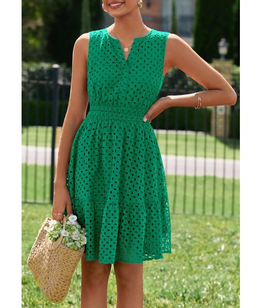 PRETTYGARDEN Women's Summer Dresses 2025 Sleeveless V Neck Eyelet Hollow Out Swing A Line Beach Vacation Sun Dress