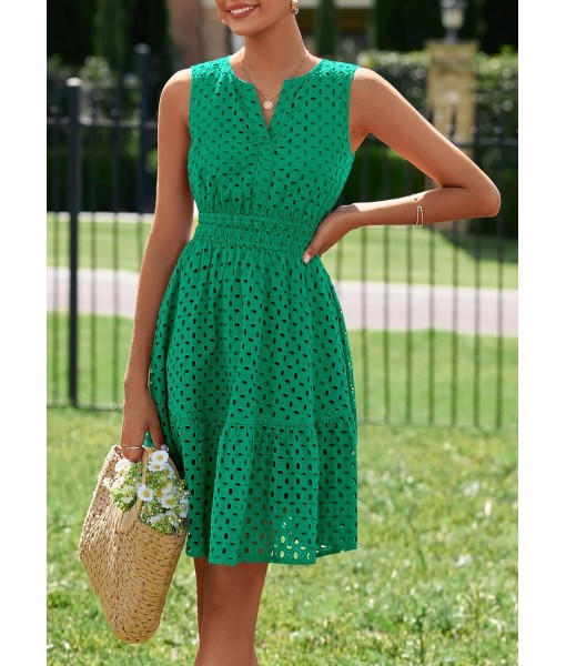 PRETTYGARDEN Women's Summer Dresses 2025 Sleeveless V Neck Eyelet Hollow Out Swing A Line Beach Vacation Sun Dress