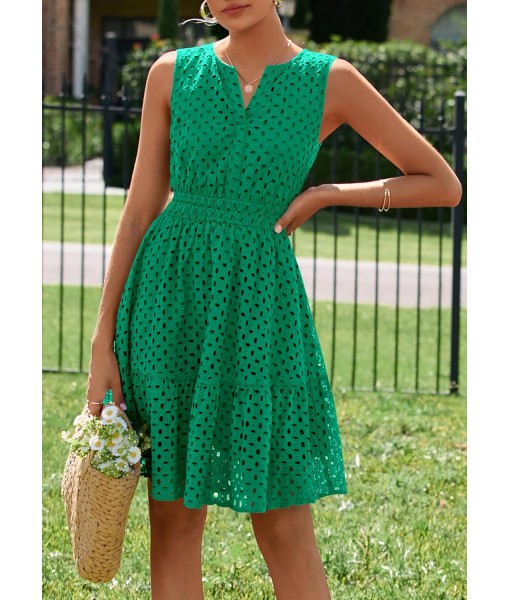 PRETTYGARDEN Women's Summer Dresses 2025 Sleeveless V Neck Eyelet Hollow Out Swing A Line Beach Vacation Sun Dress