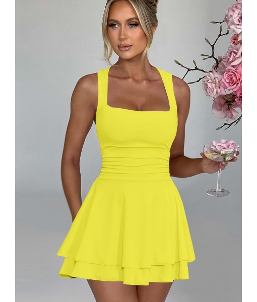 Kaximil Women's Square Neck Ruffle Hem Mini Dress Ruched Waist Short Party Dresses