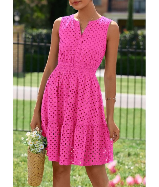 PRETTYGARDEN Women's Summer Dresses 2025 Sleeveless V Neck Eyelet Hollow Out Swing A Line Beach Vacation Sun Dress
