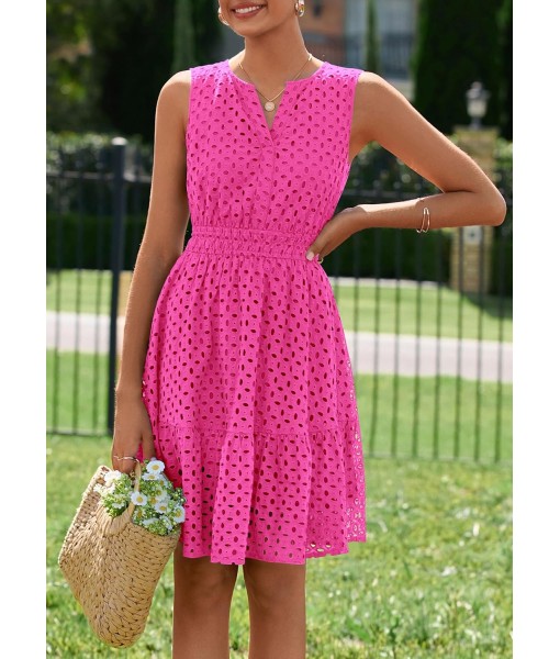 PRETTYGARDEN Women's Summer Dresses 2025 Sleeveless V Neck Eyelet Hollow Out Swing A Line Beach Vacation Sun Dress