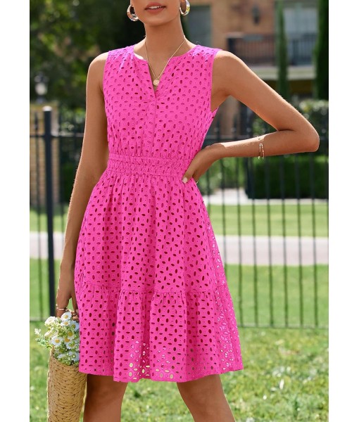 PRETTYGARDEN Women's Summer Dresses 2025 Sleeveless V Neck Eyelet Hollow Out Swing A Line Beach Vacation Sun Dress