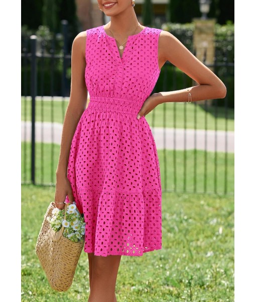PRETTYGARDEN Women's Summer Dresses 2025 Sleeveless V Neck Eyelet Hollow Out Swing A Line Beach Vacation Sun Dress
