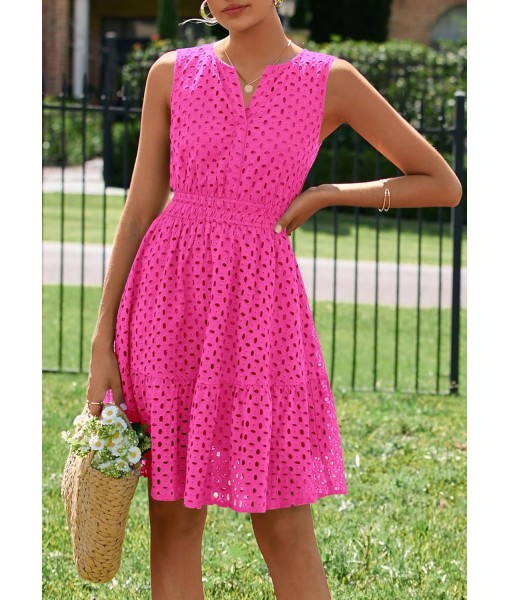 PRETTYGARDEN Women's Summer Dresses 2025 Sleeveless V Neck Eyelet Hollow Out Swing A Line Beach Vacation Sun Dress