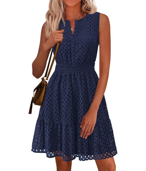 PRETTYGARDEN Women's Summer Dresses 2025 Sleeveless V Neck Eyelet Hollow Out Swing A Line Beach Vacation Sun Dress