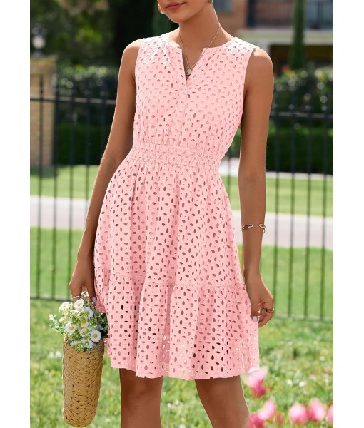 PRETTYGARDEN Women's Summer Dresses 2025 Sleeveless V Neck Eyelet Hollow Out Swing A Line Beach Vacation Sun Dress