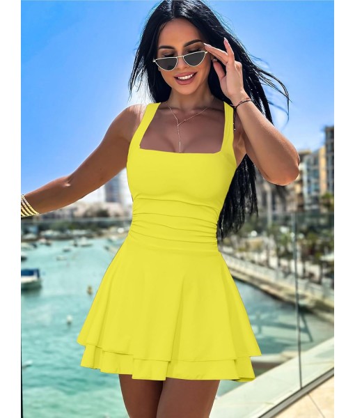 Kaximil Women's Square Neck Ruffle Hem Mini Dress Ruched Waist Short Party Dresses