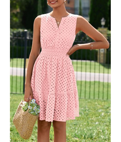 PRETTYGARDEN Women's Summer Dresses 2025 Sleeveless V Neck Eyelet Hollow Out Swing A Line Beach Vacation Sun Dress