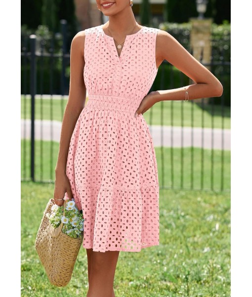 PRETTYGARDEN Women's Summer Dresses 2025 Sleeveless V Neck Eyelet Hollow Out Swing A Line Beach Vacation Sun Dress