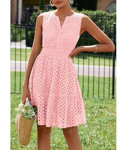 PRETTYGARDEN Women's Summer Dresses 2025 Sleeveless V Neck Eyelet Hollow Out Swing A Line Beach Vacation Sun Dress