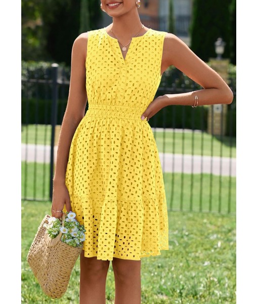 PRETTYGARDEN Women's Summer Dresses 2025 Sleeveless V Neck Eyelet Hollow Out Swing A Line Beach Vacation Sun Dress