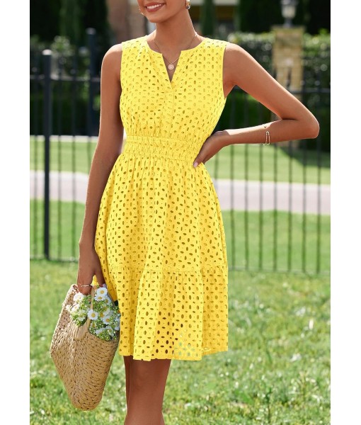 PRETTYGARDEN Women's Summer Dresses 2025 Sleeveless V Neck Eyelet Hollow Out Swing A Line Beach Vacation Sun Dress