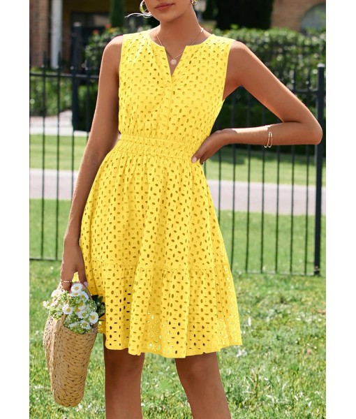 PRETTYGARDEN Women's Summer Dresses 2025 Sleeveless V Neck Eyelet Hollow Out Swing A Line Beach Vacation Sun Dress
