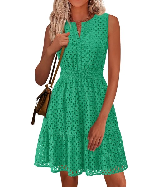 PRETTYGARDEN Women's Summer Dresses 2025 Sleeveless V Neck Eyelet Hollow Out Swing A Line Beach Vacation Sun Dress