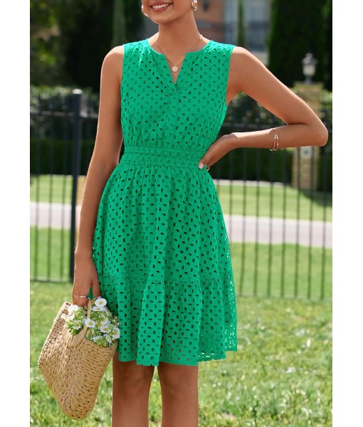 PRETTYGARDEN Women's Summer Dresses 2025 Sleeveless V Neck Eyelet Hollow Out Swing A Line Beach Vacation Sun Dress