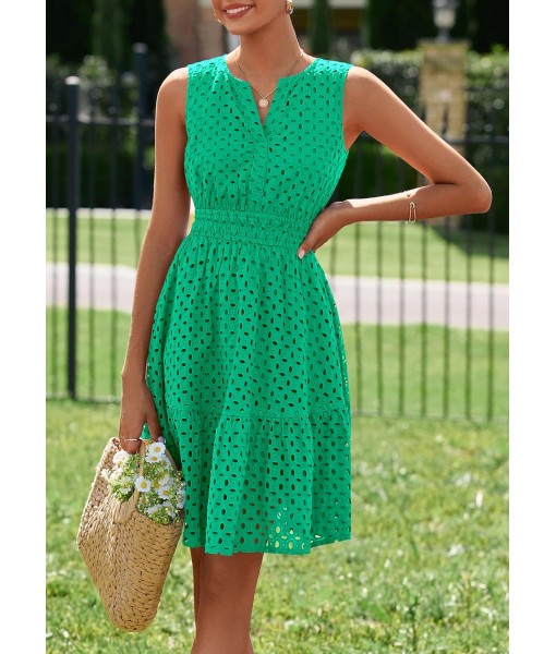 PRETTYGARDEN Women's Summer Dresses 2025 Sleeveless V Neck Eyelet Hollow Out Swing A Line Beach Vacation Sun Dress