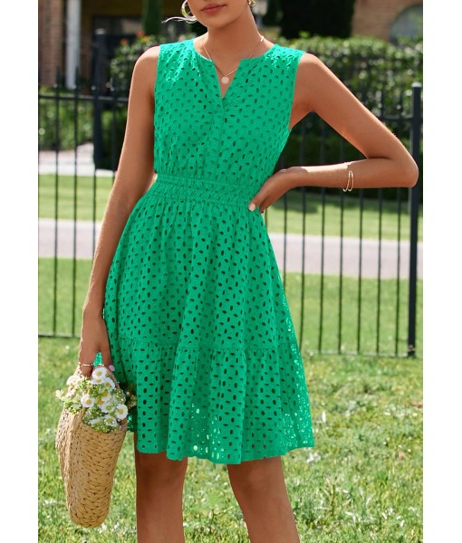 PRETTYGARDEN Women's Summer Dresses 2025 Sleeveless V Neck Eyelet Hollow Out Swing A Line Beach Vacation Sun Dress