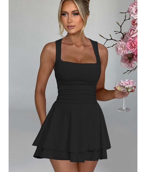 Kaximil Women's Square Neck Ruffle Hem Mini Dress Ruched Waist Short Party Dresses