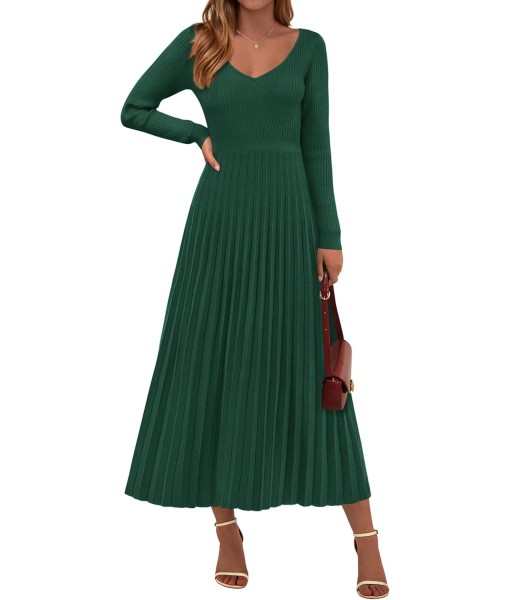 PRETTYGARDEN Women Sweater Dress Fall Fashion 2025 Long Sleeve V Neck Ribbed Knit Pleated A Line Elegant Maxi Winter Dresses