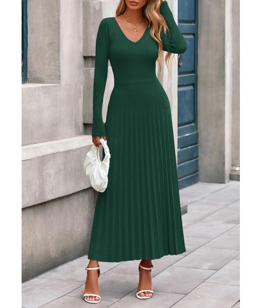 PRETTYGARDEN Women Sweater Dress Fall Fashion 2025 Long Sleeve V Neck Ribbed Knit Pleated A Line Elegant Maxi Winter Dresses