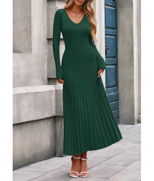 PRETTYGARDEN Women Sweater Dress Fall Fashion 2025 Long Sleeve V Neck Ribbed Knit Pleated A Line Elegant Maxi Winter Dresses