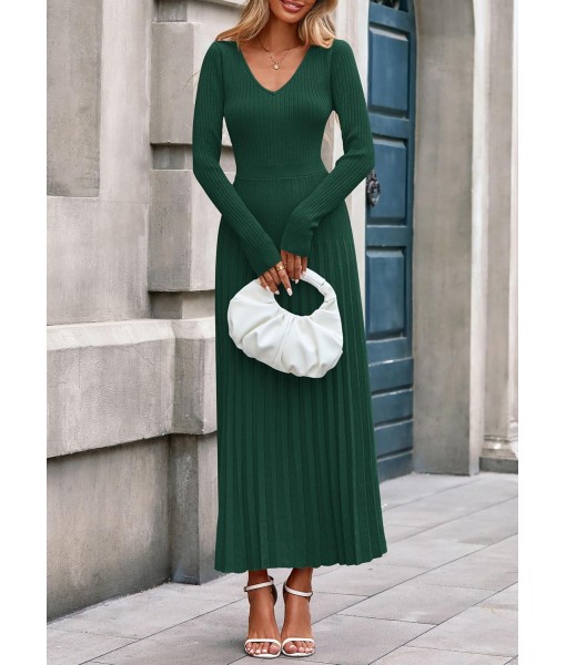 PRETTYGARDEN Women Sweater Dress Fall Fashion 2025 Long Sleeve V Neck Ribbed Knit Pleated A Line Elegant Maxi Winter Dresses