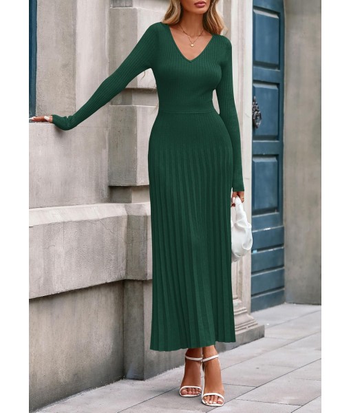 PRETTYGARDEN Women Sweater Dress Fall Fashion 2025 Long Sleeve V Neck Ribbed Knit Pleated A Line Elegant Maxi Winter Dresses