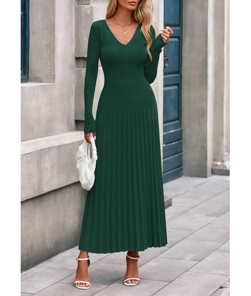 PRETTYGARDEN Women Sweater Dress Fall Fashion 2025 Long Sleeve V Neck Ribbed Knit Pleated A Line Elegant Maxi Winter Dresses