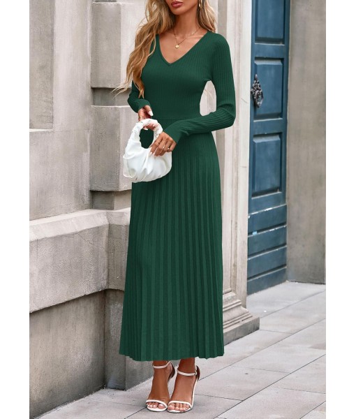 PRETTYGARDEN Women Sweater Dress Fall Fashion 2025 Long Sleeve V Neck Ribbed Knit Pleated A Line Elegant Maxi Winter Dresses