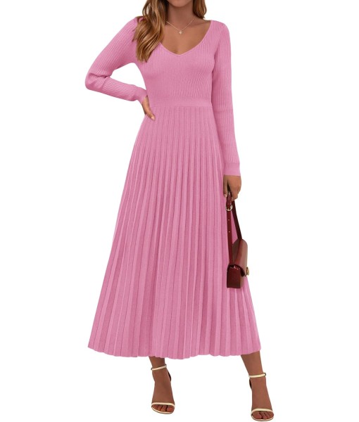 PRETTYGARDEN Women Sweater Dress Fall Fashion 2025 Long Sleeve V Neck Ribbed Knit Pleated A Line Elegant Maxi Winter Dresses