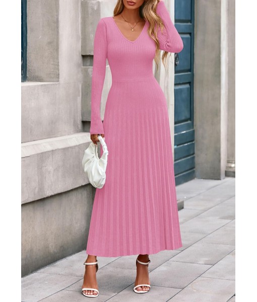 PRETTYGARDEN Women Sweater Dress Fall Fashion 2025 Long Sleeve V Neck Ribbed Knit Pleated A Line Elegant Maxi Winter Dresses