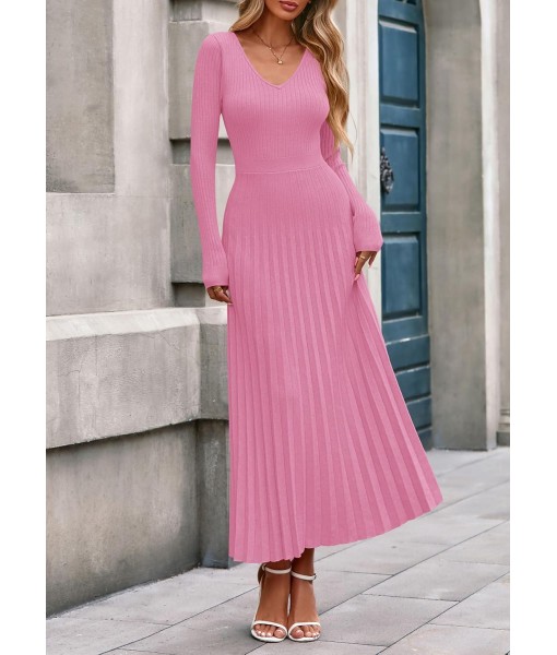 PRETTYGARDEN Women Sweater Dress Fall Fashion 2025 Long Sleeve V Neck Ribbed Knit Pleated A Line Elegant Maxi Winter Dresses