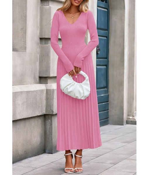 PRETTYGARDEN Women Sweater Dress Fall Fashion 2025 Long Sleeve V Neck Ribbed Knit Pleated A Line Elegant Maxi Winter Dresses