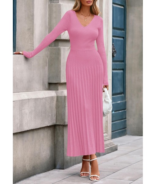 PRETTYGARDEN Women Sweater Dress Fall Fashion 2025 Long Sleeve V Neck Ribbed Knit Pleated A Line Elegant Maxi Winter Dresses