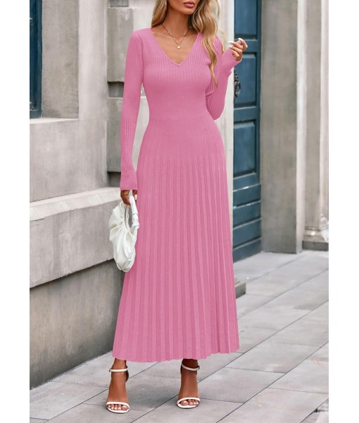 PRETTYGARDEN Women Sweater Dress Fall Fashion 2025 Long Sleeve V Neck Ribbed Knit Pleated A Line Elegant Maxi Winter Dresses