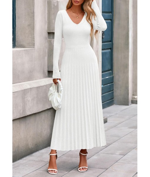 PRETTYGARDEN Women Sweater Dress Fall Fashion 2025 Long Sleeve V Neck Ribbed Knit Pleated A Line Elegant Maxi Winter Dresses