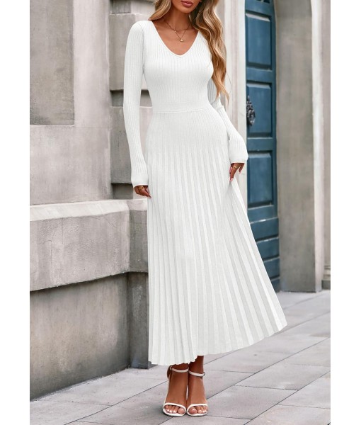 PRETTYGARDEN Women Sweater Dress Fall Fashion 2025 Long Sleeve V Neck Ribbed Knit Pleated A Line Elegant Maxi Winter Dresses