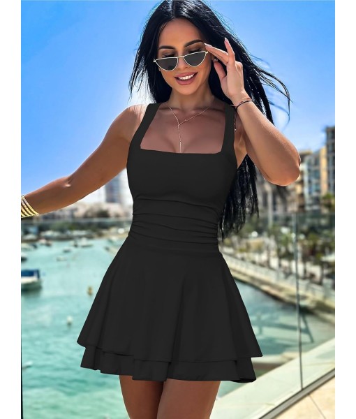 Kaximil Women's Square Neck Ruffle Hem Mini Dress Ruched Waist Short Party Dresses