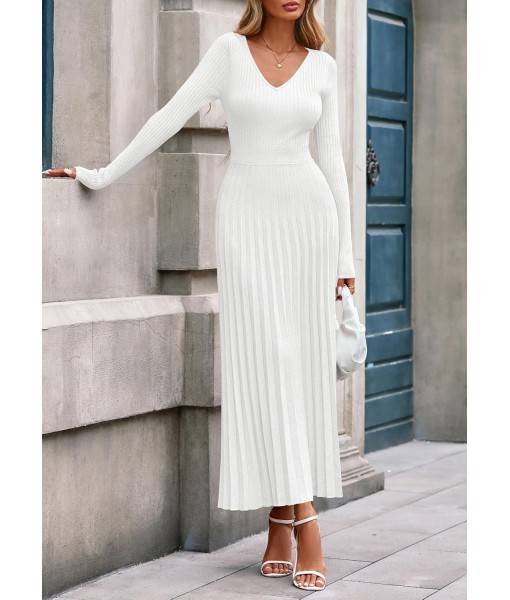 PRETTYGARDEN Women Sweater Dress Fall Fashion 2025 Long Sleeve V Neck Ribbed Knit Pleated A Line Elegant Maxi Winter Dresses