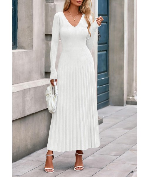 PRETTYGARDEN Women Sweater Dress Fall Fashion 2025 Long Sleeve V Neck Ribbed Knit Pleated A Line Elegant Maxi Winter Dresses