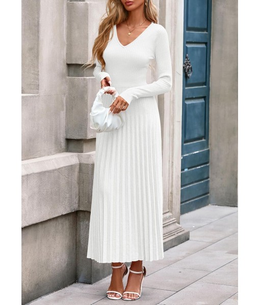 PRETTYGARDEN Women Sweater Dress Fall Fashion 2025 Long Sleeve V Neck Ribbed Knit Pleated A Line Elegant Maxi Winter Dresses